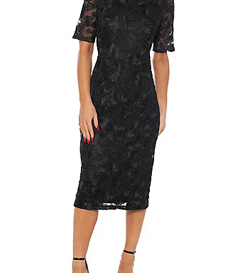 Oleg Cassini Soutache Mesh Elbow Sleeve Midi Dress