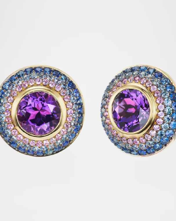 Ombre Button Stud Earrings with Amethyst and Sapphires