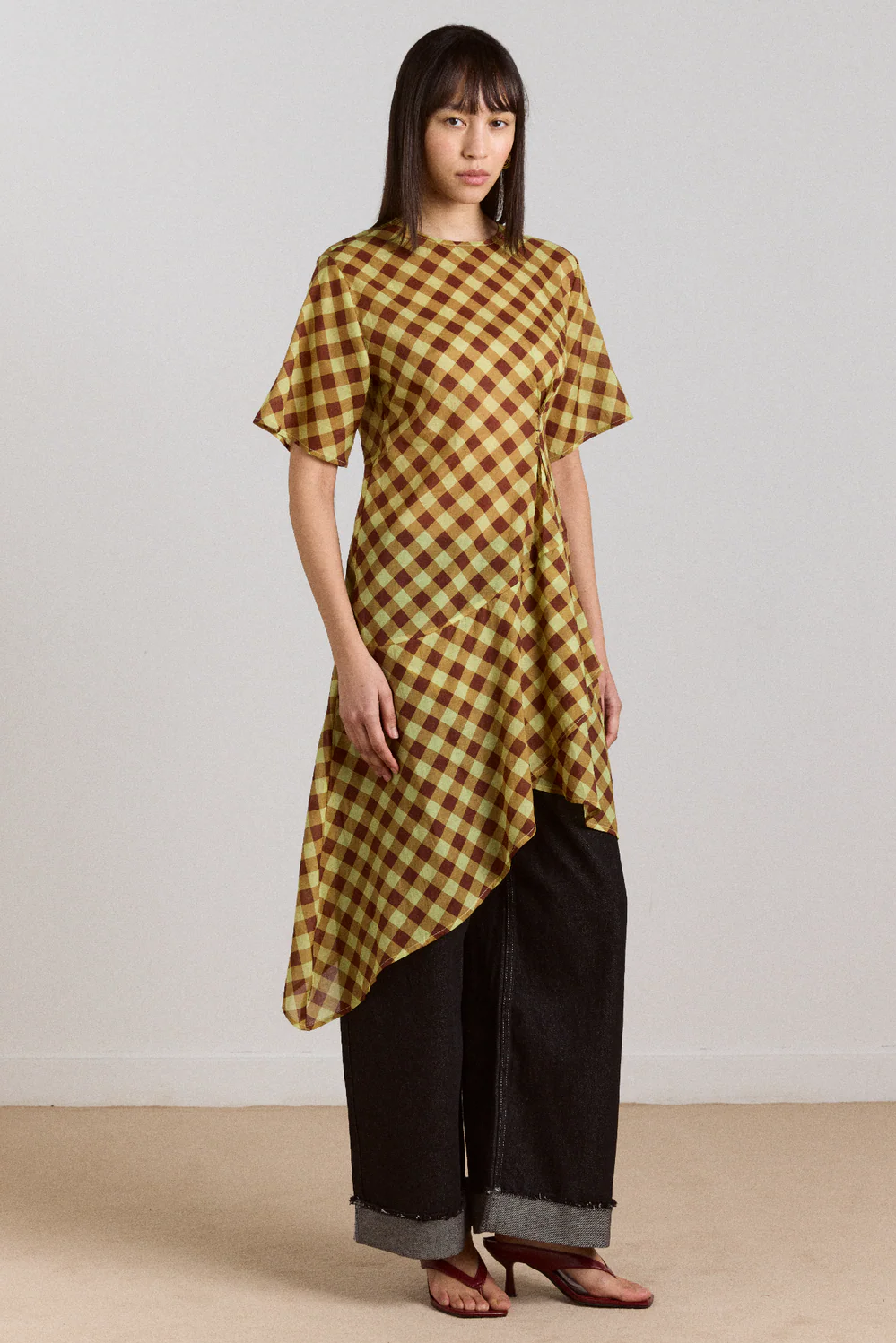 harmony sheer midi dress - choc avo gingham