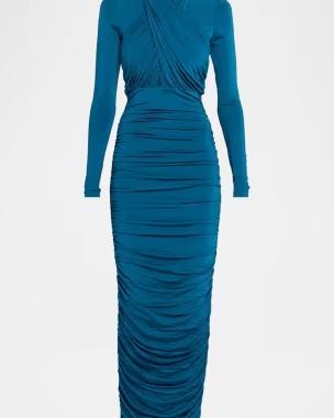 Crisscross Draped Long-Sleeve Jersey Ankle Dress