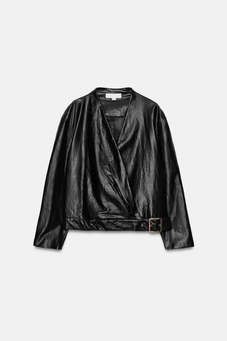 Faux leather-effect wrap jacket