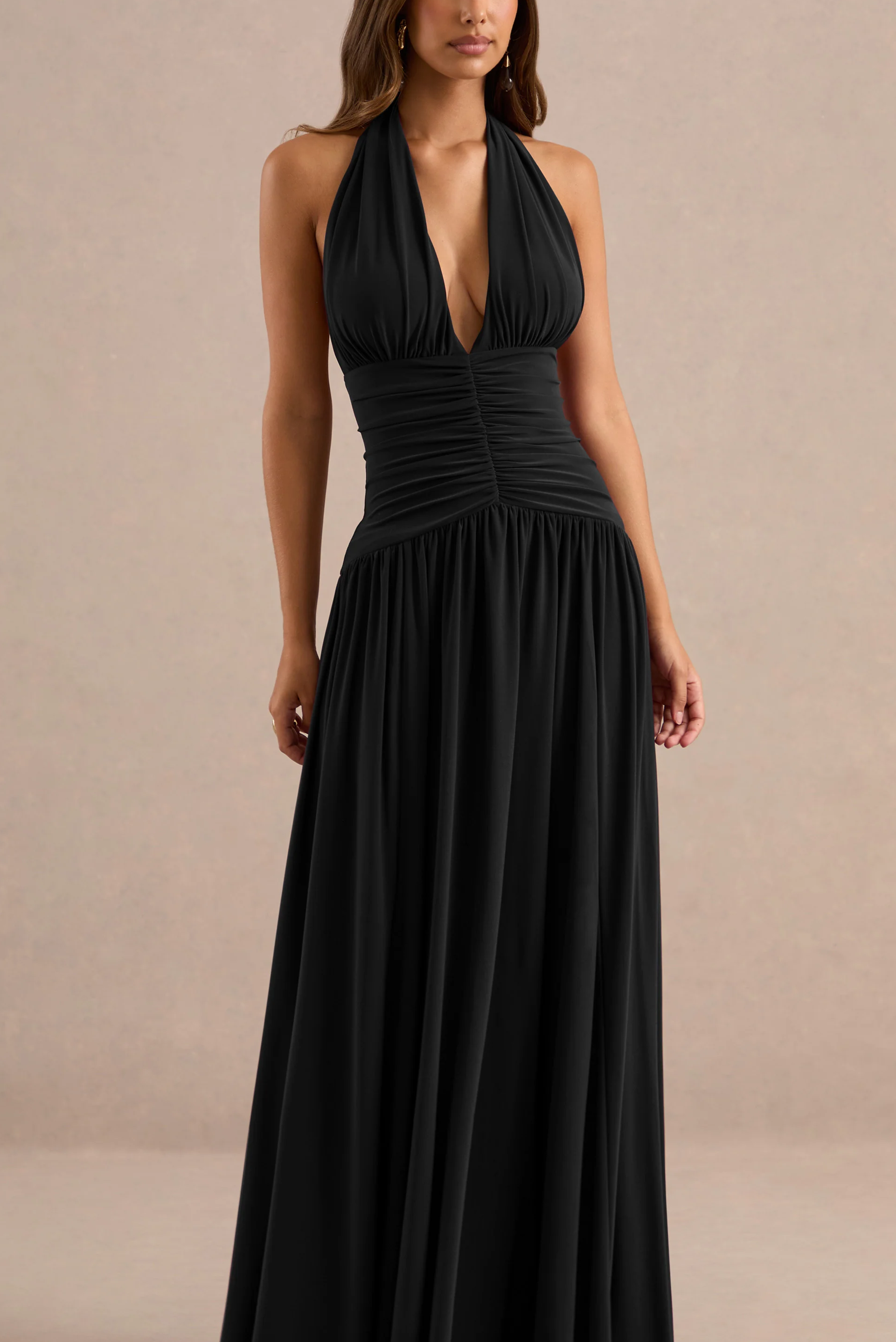 Black Jersey Plunge Maxi Dress with Gathered Detailing and Tie Back