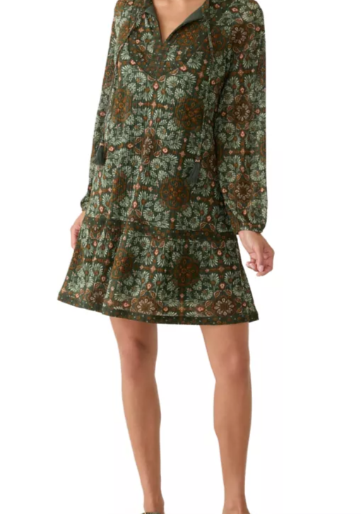 Women's Long Sleeve Printed A-Line Peasant Dress with Ruffles