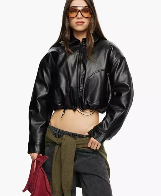 Women's Hudson Cropped Faux-Leather Polo-Collar Bomber Jacket