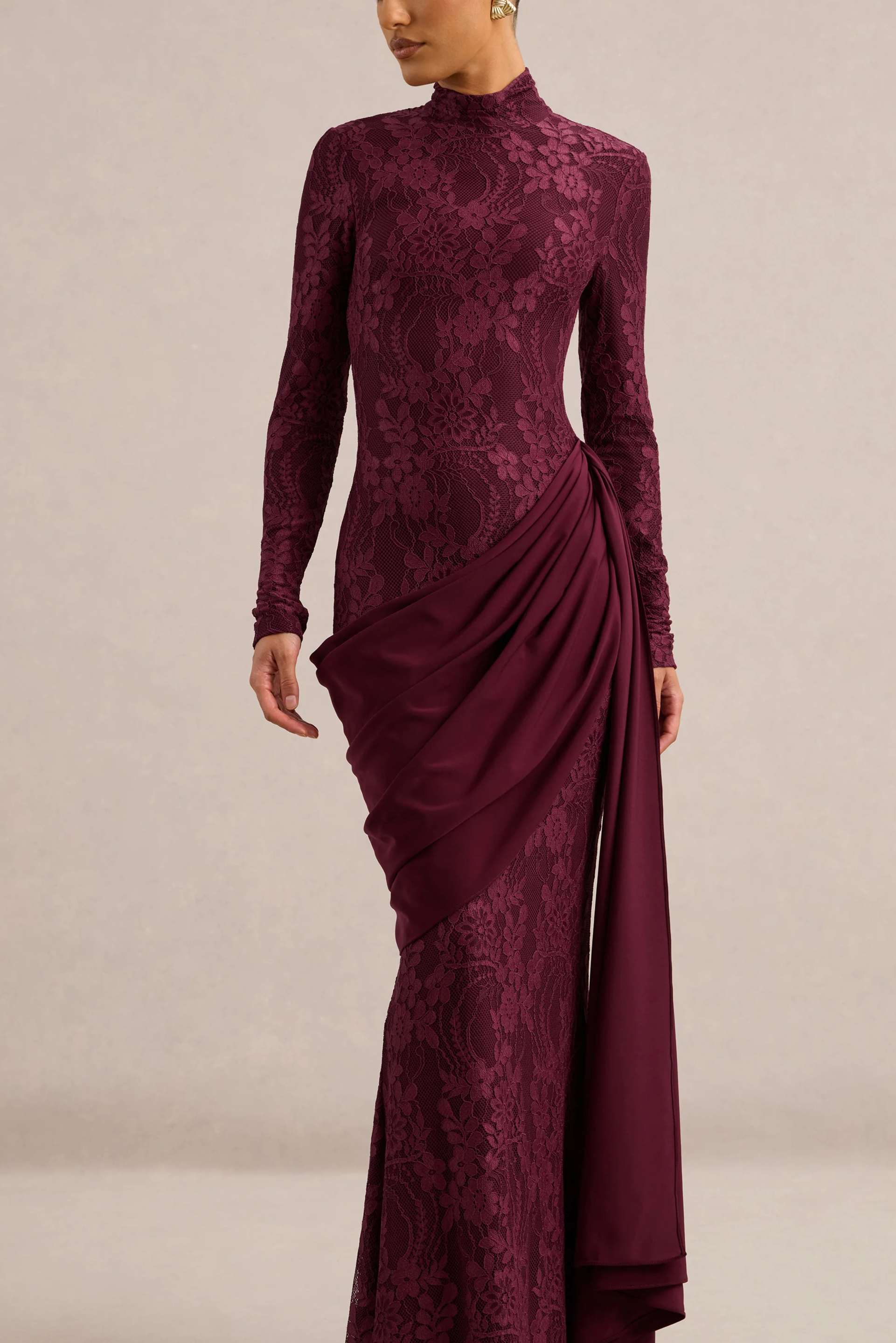 Burgundy Lace High Neck Long Sleeve Maxi Dress with Draped Detailing and Sash