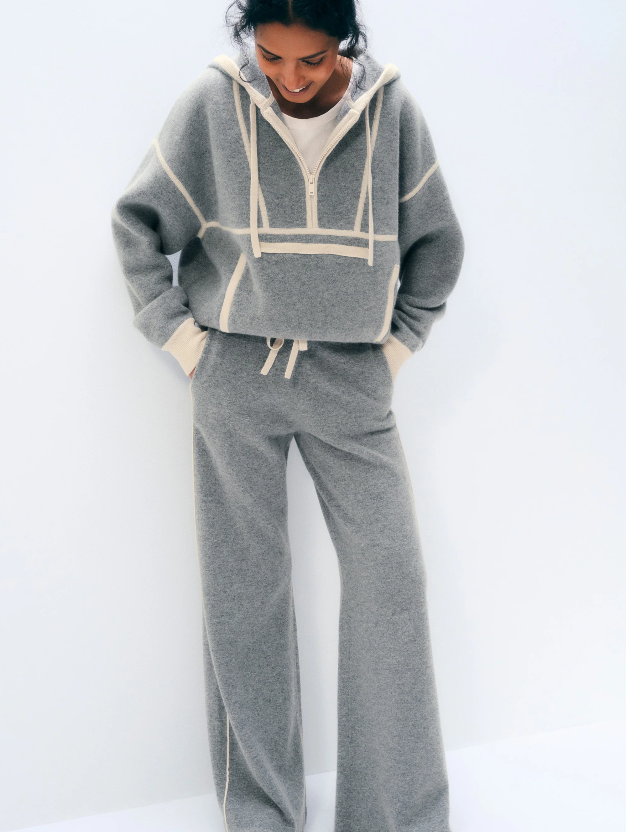 Cashmere Blend Track Pant | Grey/ Ivory
