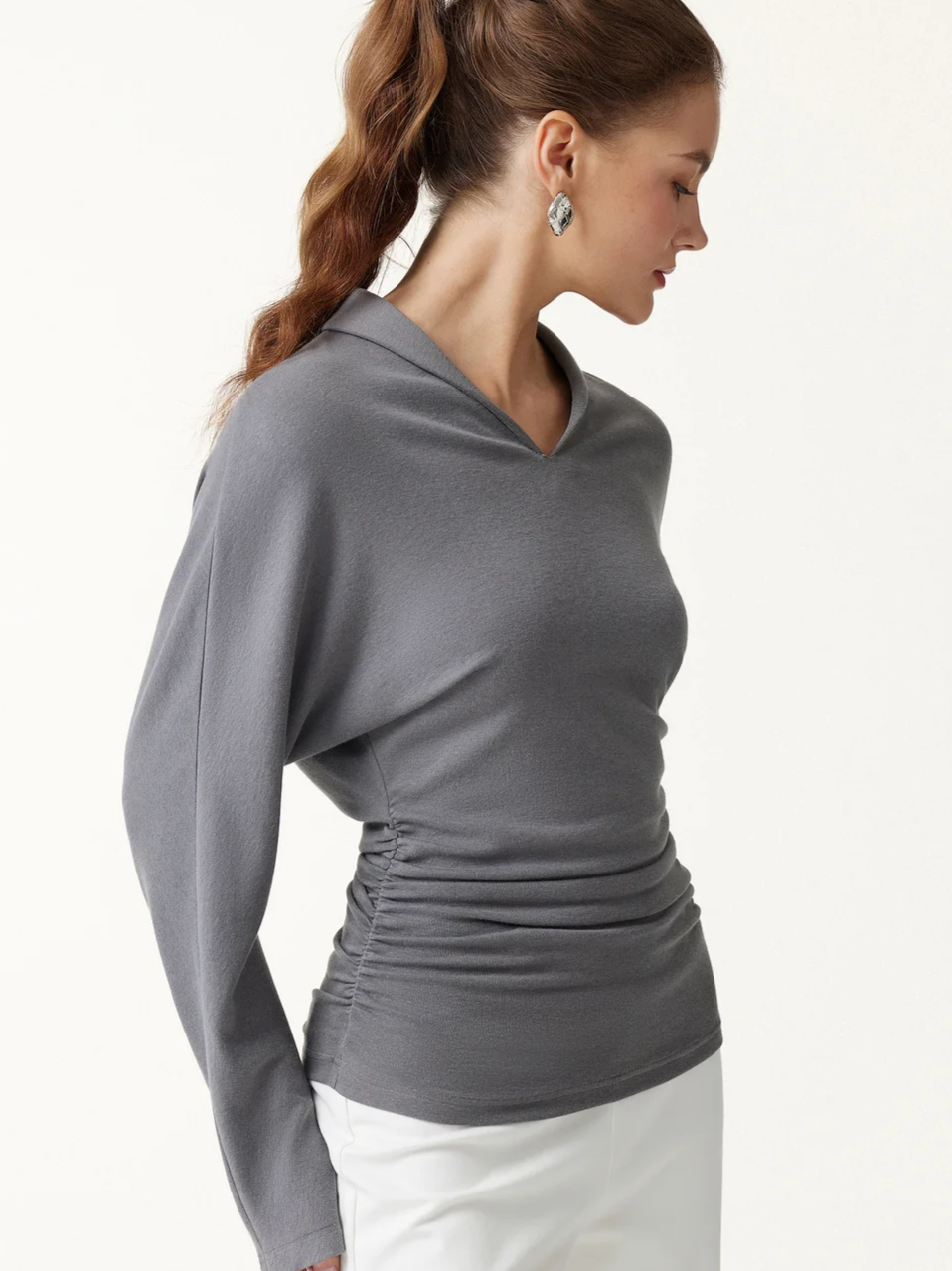 LiteWarm V-Neck Long Sleeve Ruched Top