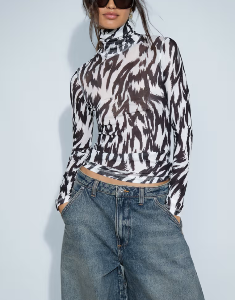 ASOS DESIGN sheer turtle neck long sleeve in mono zebra print