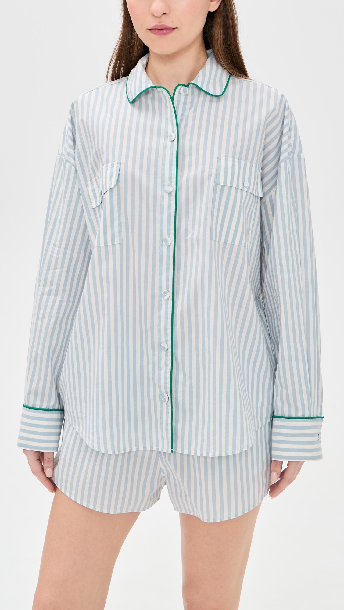 Airy Cotton Piped Button Down Sleep Shirt