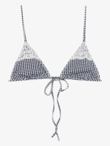 Elena gingham lace-trim bikini top
