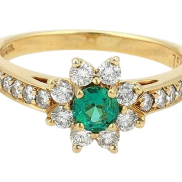 Tiffany & Co. Diamond Emerald Floral 18k Yellow Gold Ring Size 4.5