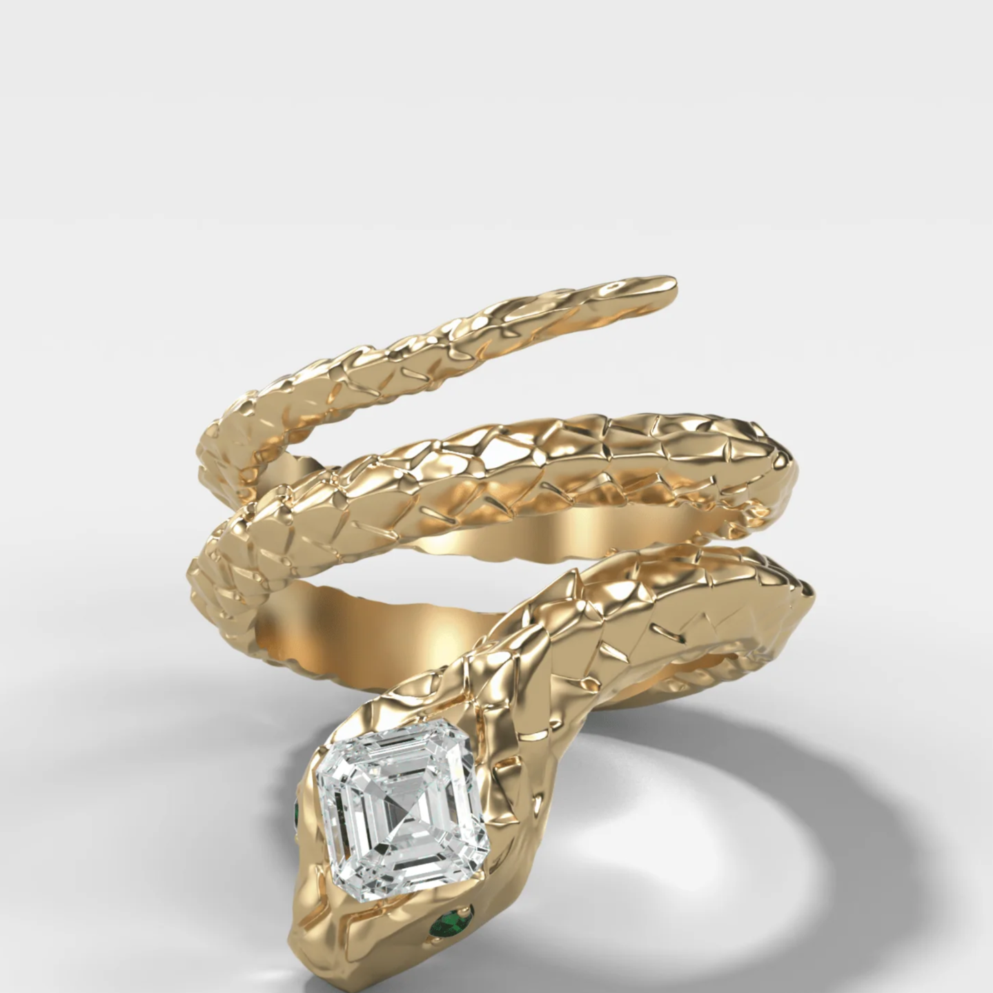 Rattle Snake Wrap Ring with Tilted Asscher Cut Diamond and Emerald Eyes