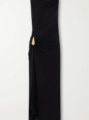 Gathered embellished crepe-jersey maxi dress