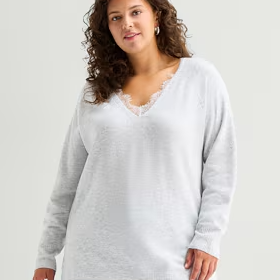 Ana Plus Lace Trim Womens V Neck Long Sleeve Pullover Sweater