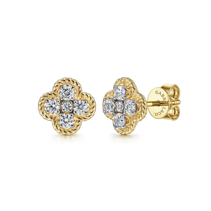 14K Yellow Gold Twisted Rope Diamond Clover Stud Earrings