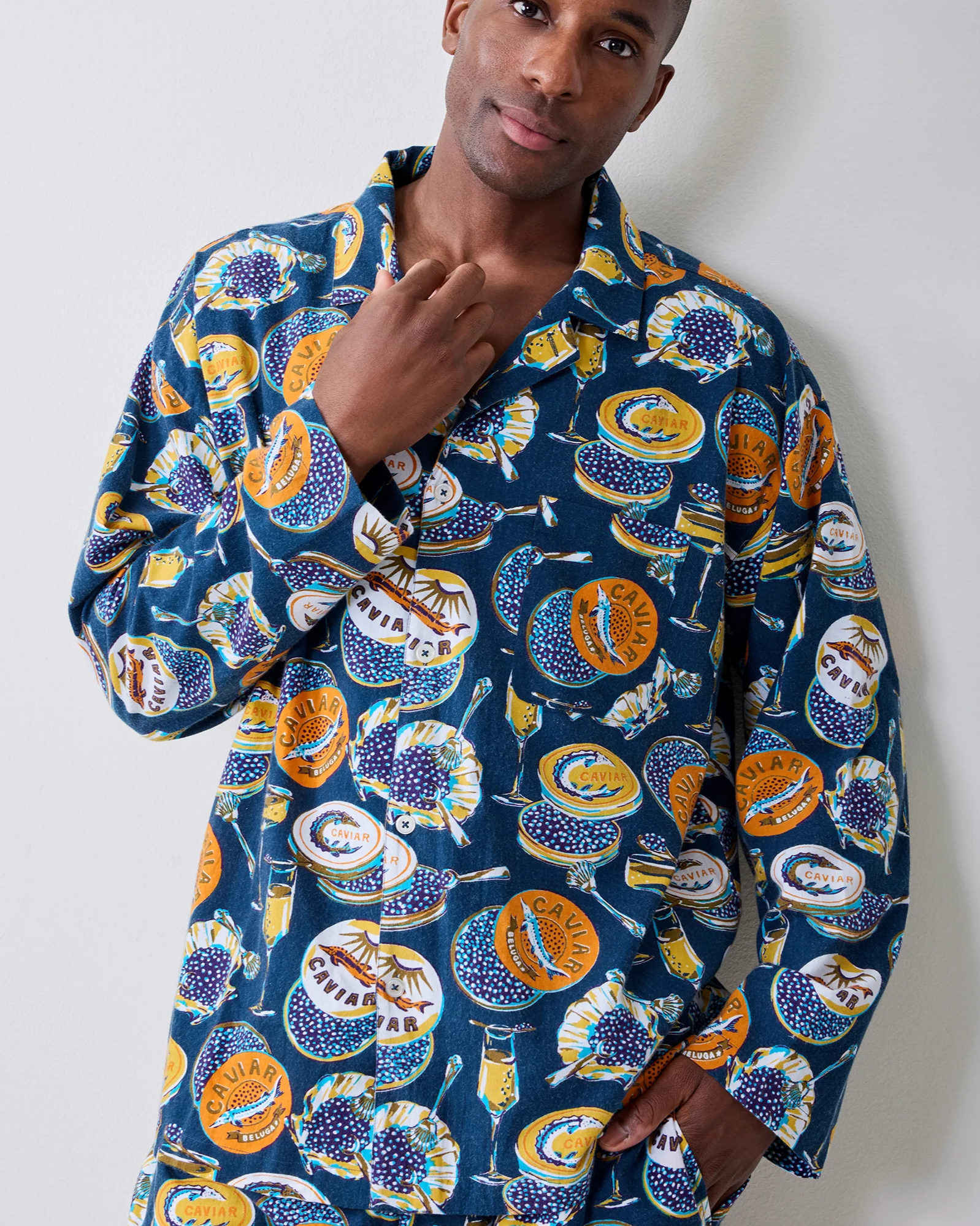 Champagne & Caviar - Men’s Lightweight Flannel Long PJ Set - Navy