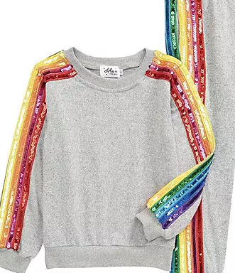 Girls Sequin Rainbow Taping Long Sleeve Pullover Sweatshirt & Jogger Pants Track Set
