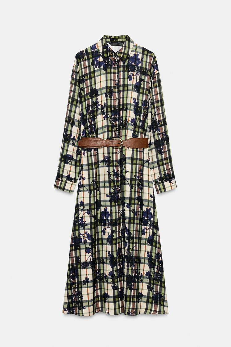 Printed midi shirt dress with belt