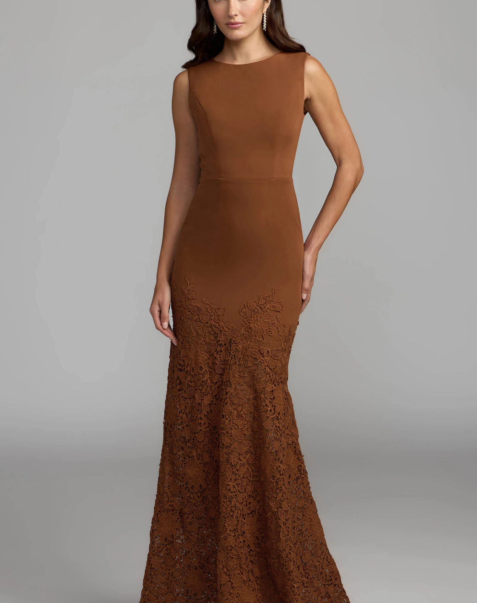 Brown Sleeveless Lace Mermaid Gown