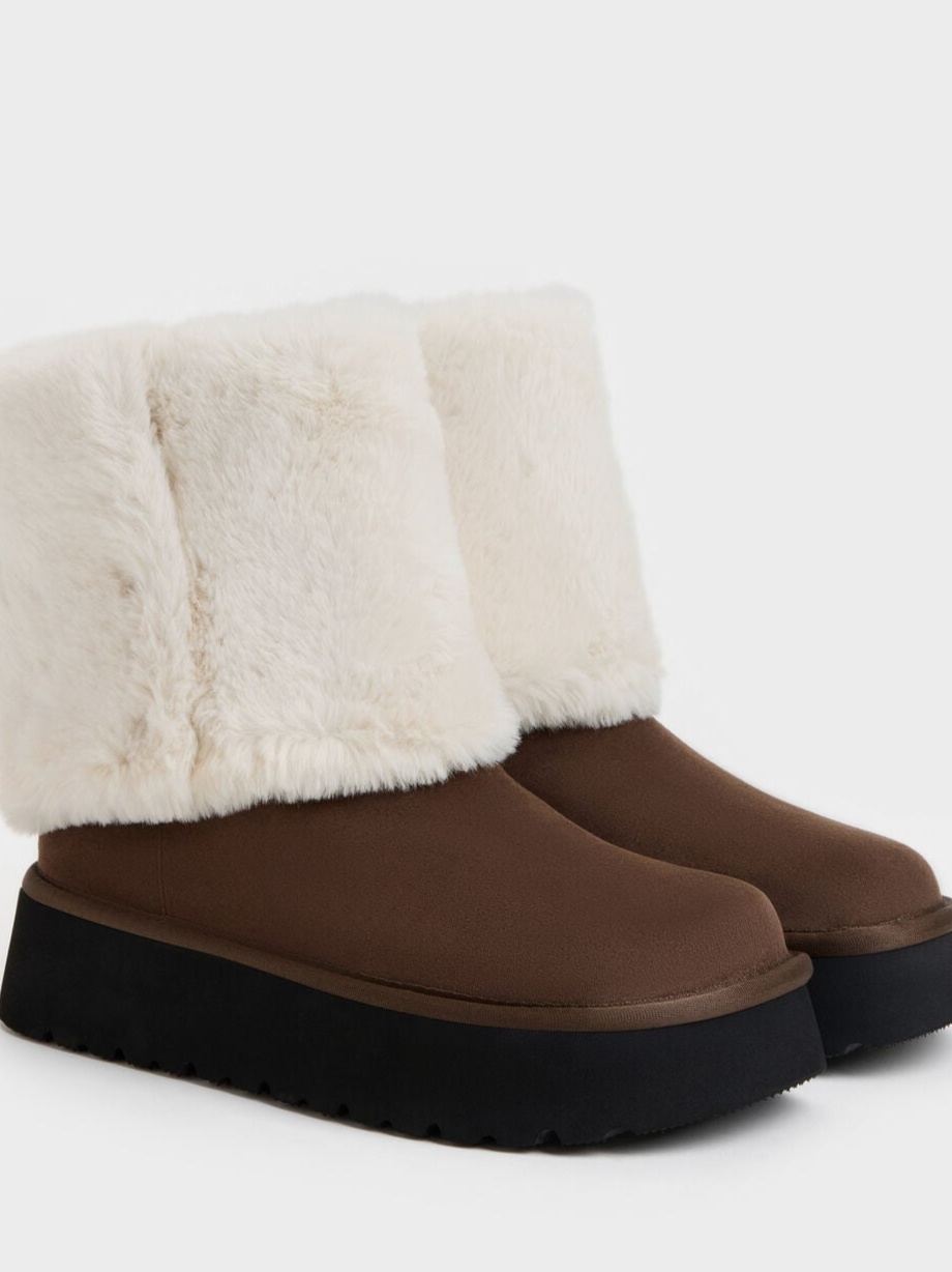 Floyd Faux Suede Fur-Trim Platform Boots - Dark Brown Textured