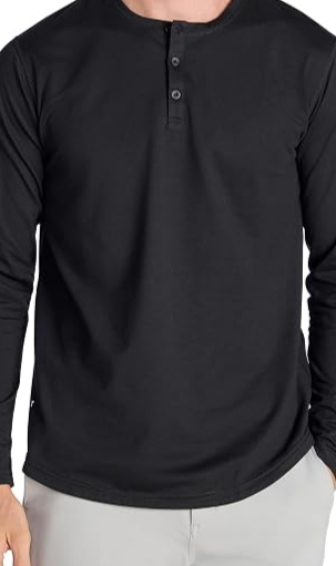 Drop-Cut Henley Shirts for Men, 3-Button Long Sleeve T-Shirt