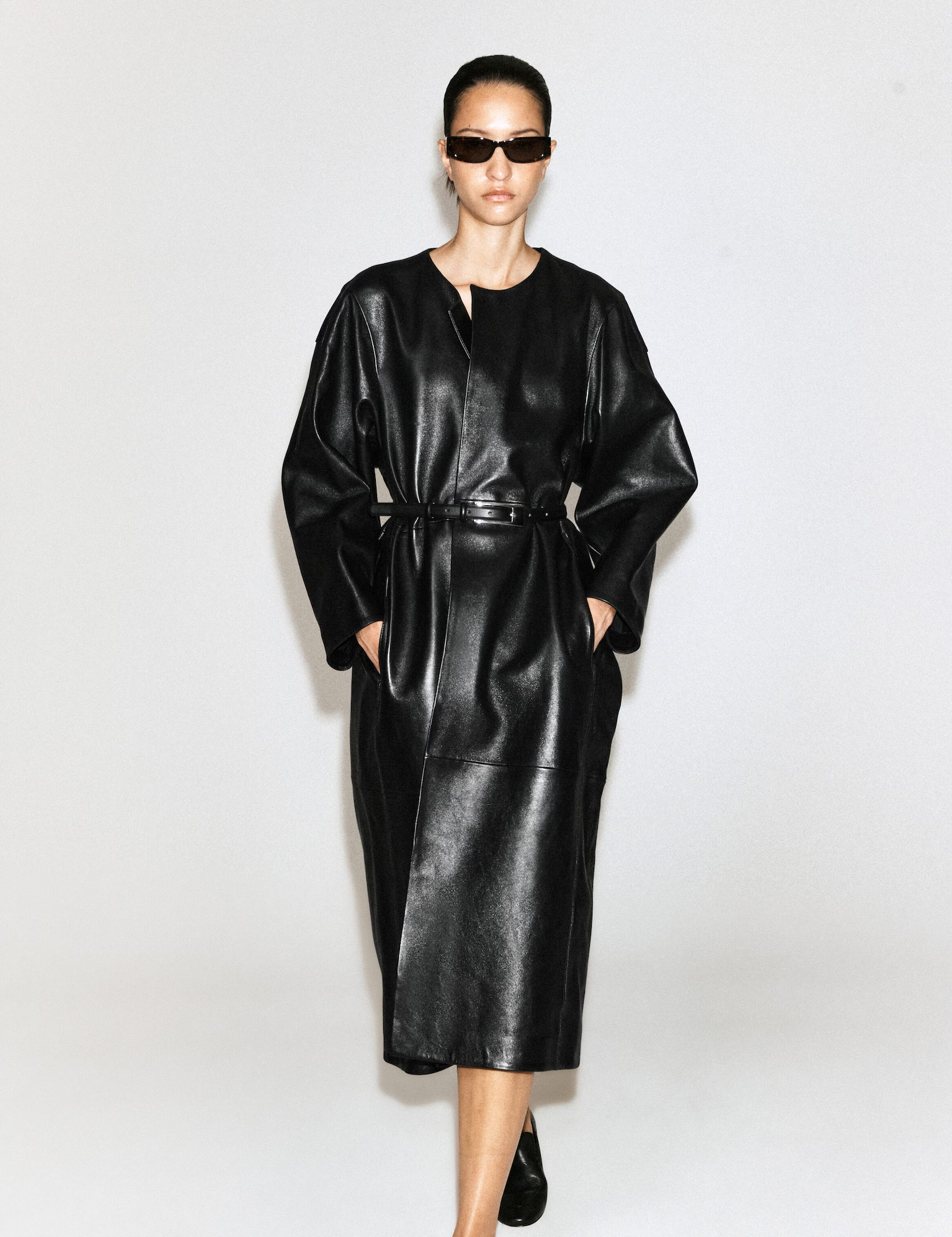 Paneled Leather Long Coat