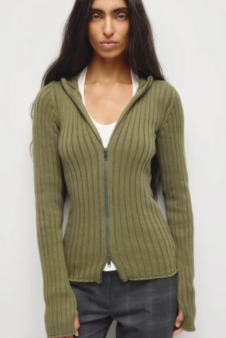 Women's Rib Full Zip Elongated Hoodie in Dusty Olive