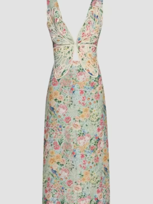 Rendeira Butterfly-Embroidered Floral Midi-Dress