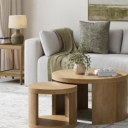 Nathan James Uchu Mid Century Modern 2-Piece Nesting Coffee Table, Round Wood Coffee Table with Storage, Light Brown