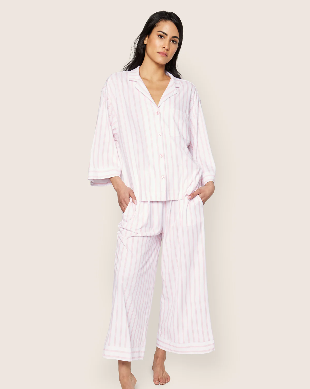 Petite Plume The Olivia Wide Leg Pima Pajama Set in Pink Stripe