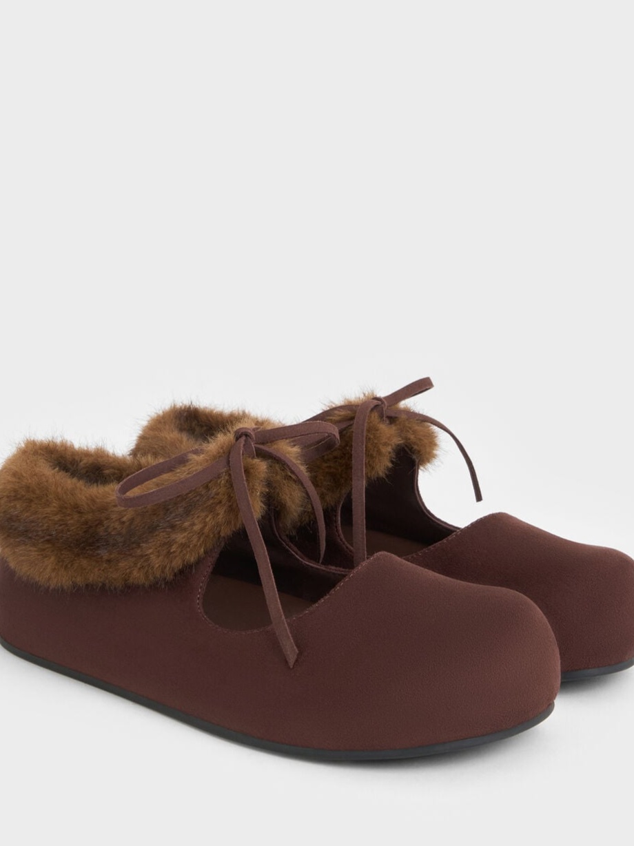 Emila Faux Suede Fur-Trim Mary Jane Flats - Dark Brown Textured