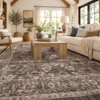 WAYFAIR VINTAGE FLORAL OLIVE GREEN / BROWN MACHINE WASHABLE NON-SLIP BACKING AREA RUG