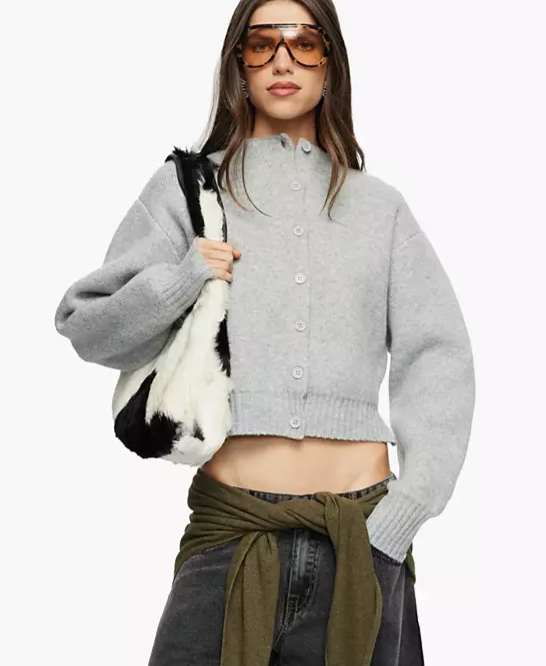 Women's Frame Knit Long-Sleeve Cropped Crew Neck Cardigan