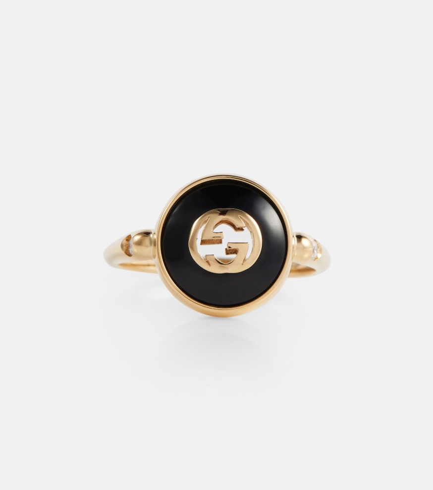 Interlocking G 18kt gold ring with onyx and white diamonds