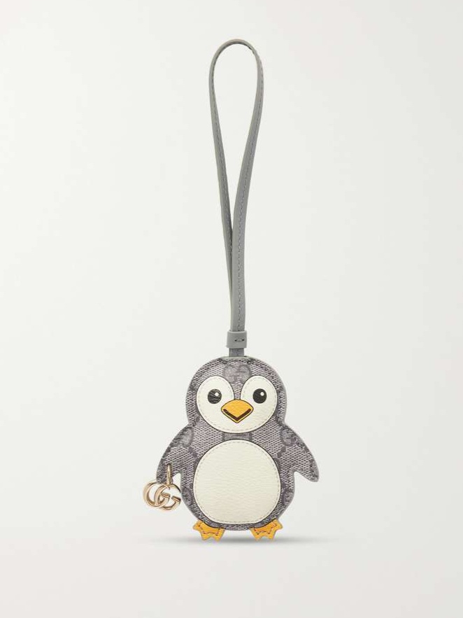 Embellished leather-trimmed printed coated-canvas bag charm