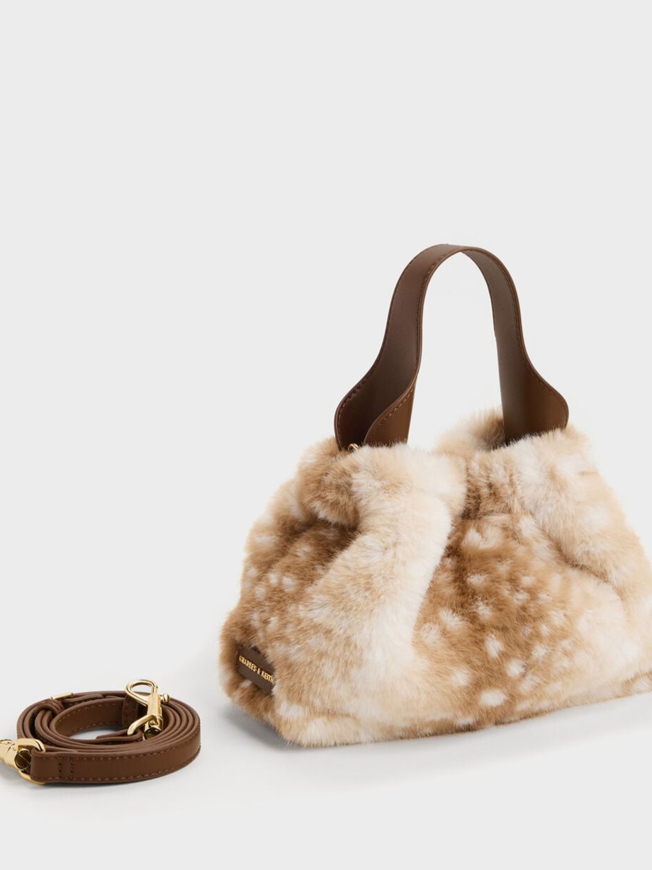 Ally Furry Deer-Print Top-Handle Bag - Animal Print Brown