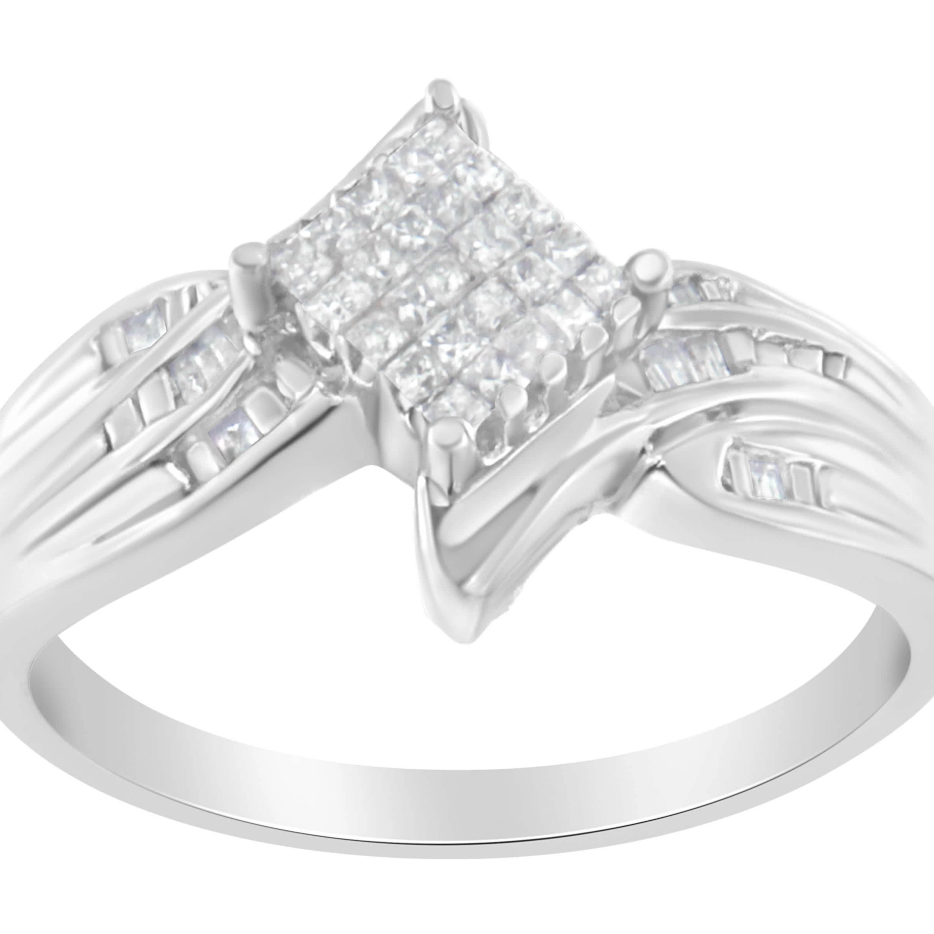 10K White Gold 1/3 Cttw Princess and Baguette Cut Diamond Bypass Style Cocktail Ring