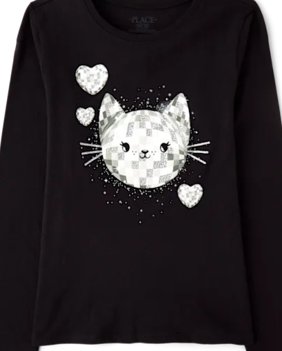 Girls Glitter Disco Ball Cat Graphic Tee