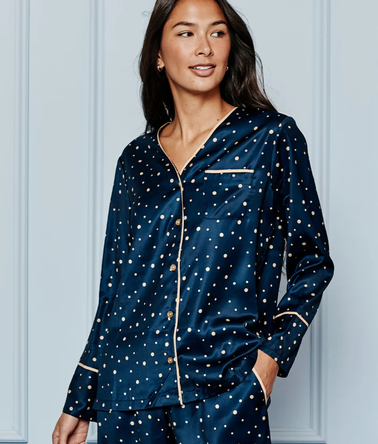 The Cloud 9 Silky Pajama Set - Celestial Dot in Deep Sea & Gold