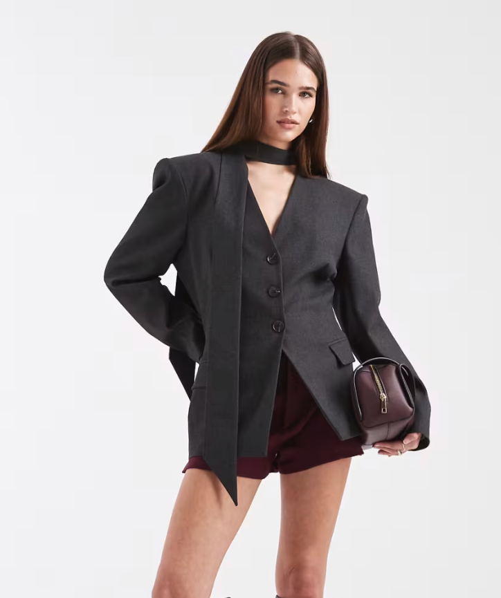 DESIGN cinch shoulder pads blazer with scarf in gray