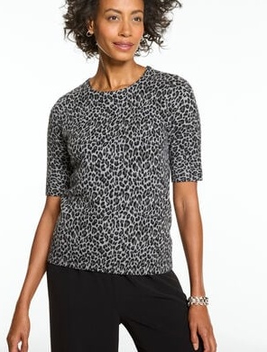 Elbow Sleeve Crewneck Pullover - Fabulous Leopard
