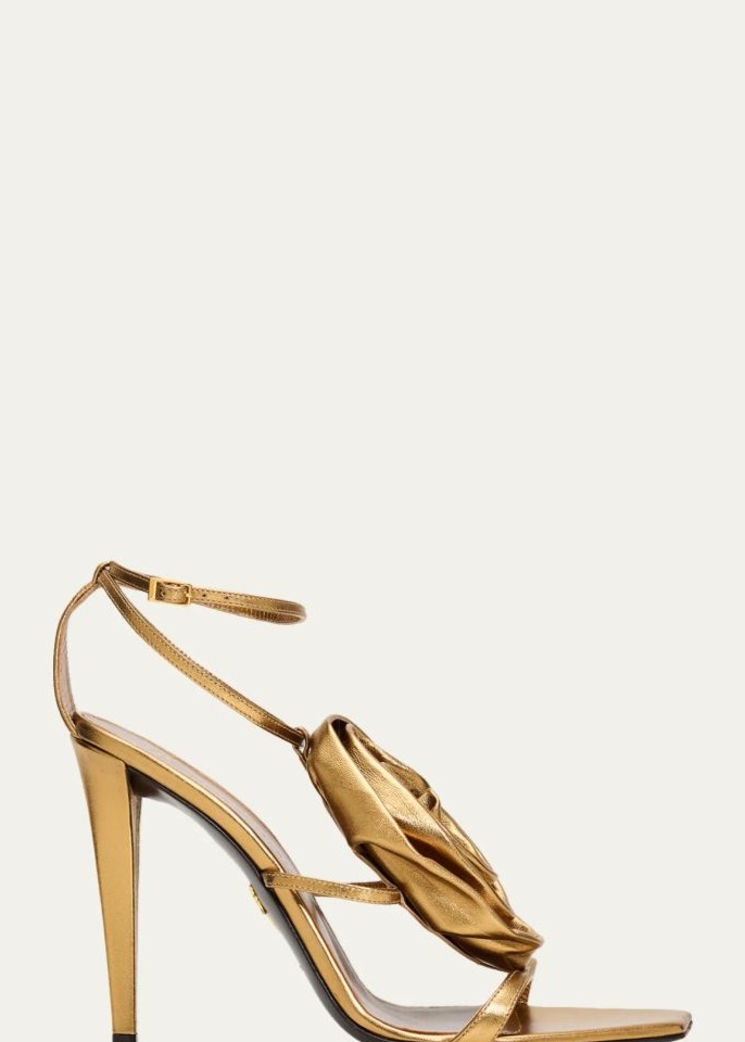 BERGDORF GOODMAN GIUSEPPE ZANOTTI 105MM FLOWER METALLIC LEATHER ANKLE-STRAP SANDALS