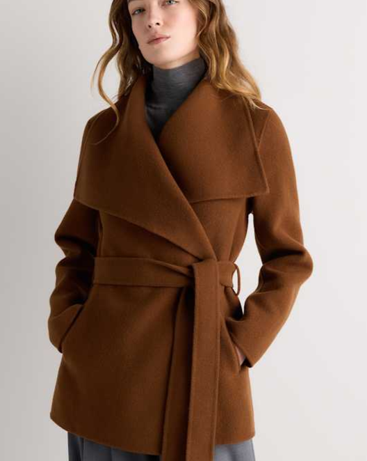 Ambrose Brown Double-Faced Merino Wool Draped Collar Short Wrap Coat