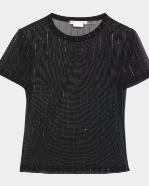 Tess Pinstripe Embellished Mesh Short-Sleeve Top