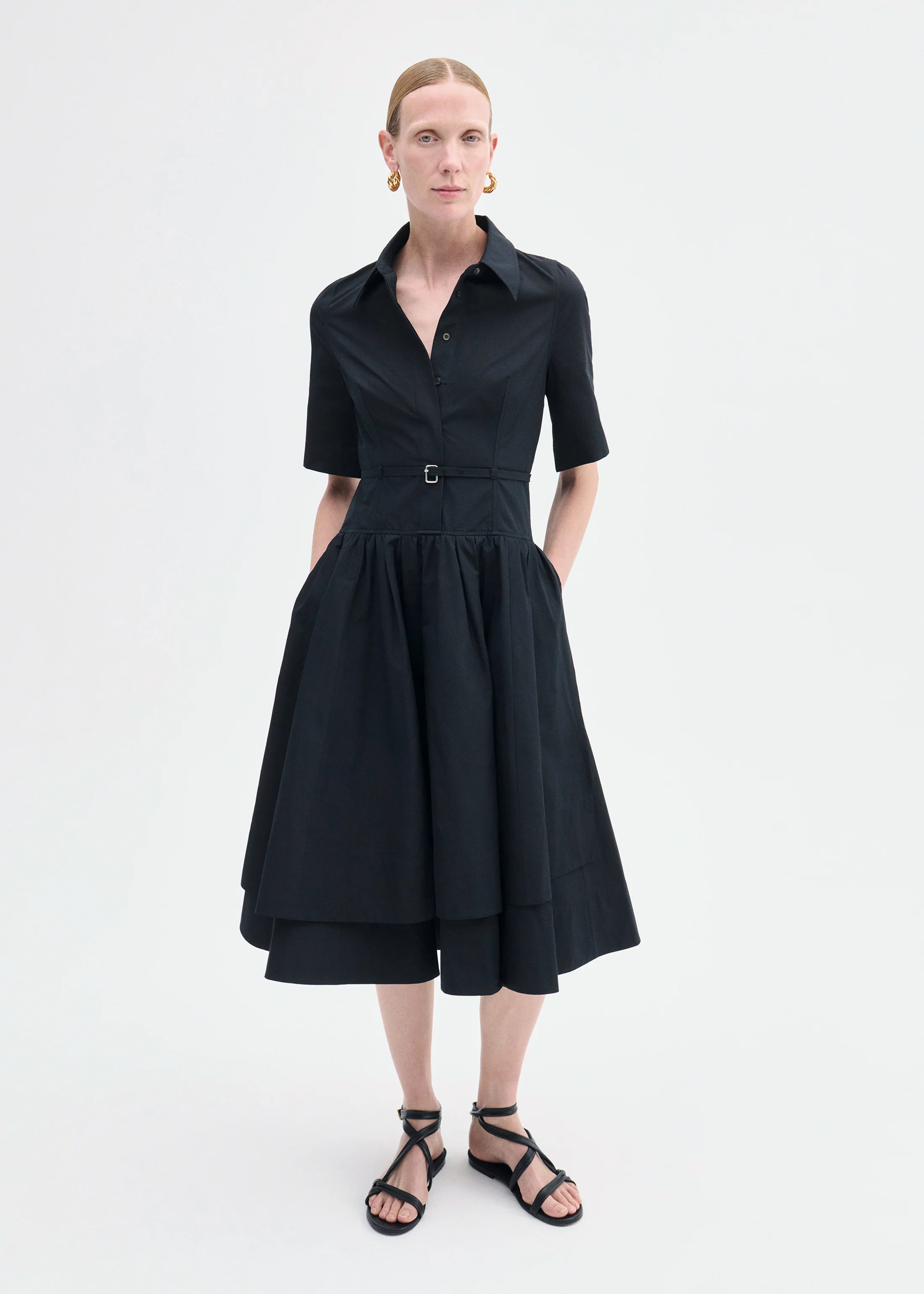 Short Sleeve Belted Dress in Cotton Poplin