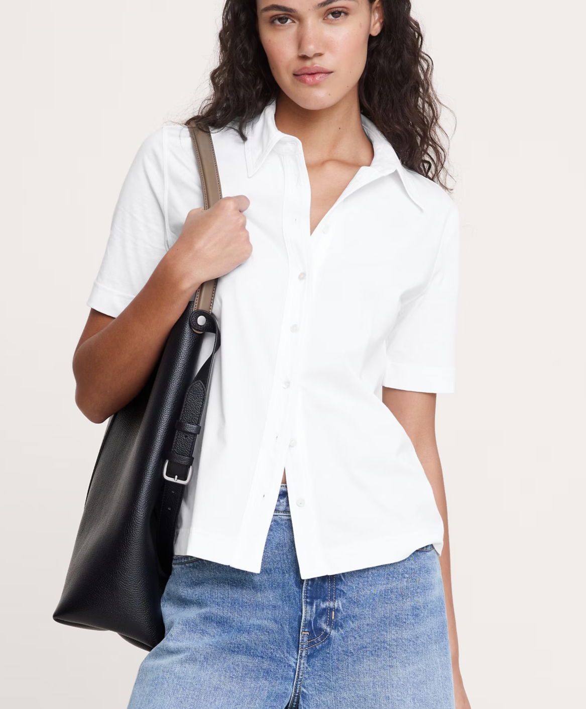 Silky Cotton Short-Sleeve Button-Down Top