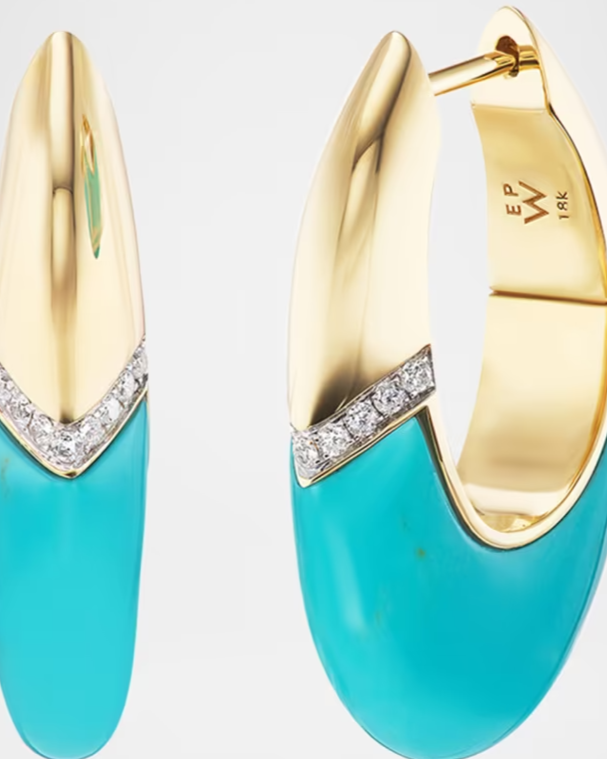 18K Yellow Gold Oval Earrings with Turquoise and Diamonds