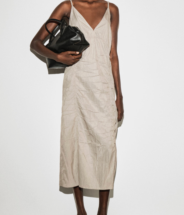 GATHERED SILK-NYLON SLIP DRESS
