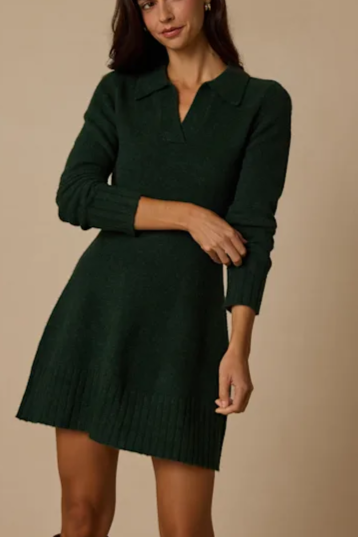 Soft Serenity Emerald Green Collared Sweater Mini Dress