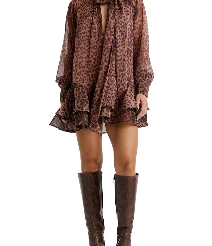 Adrie Leopard Print Mock Tie Neckline Long Blouson Sleeve Babydoll Mini Dress